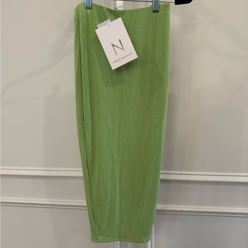 Naked Wardrobe Green Midi Pencil Skirt with Ribbed Texture